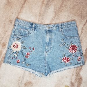 Embroidered denim mom shorts